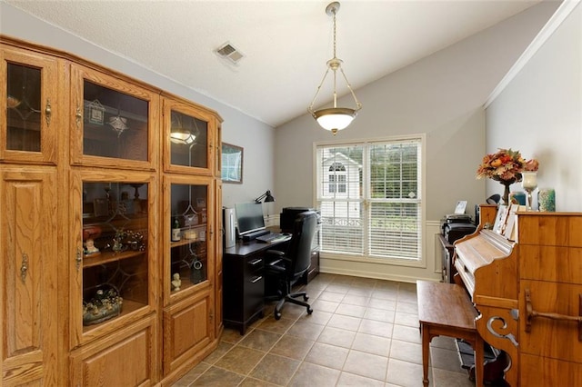 175 Prince Ct, Hiram, GA 30141 - home office featuring lofted ceiling and dark tile patterned floors