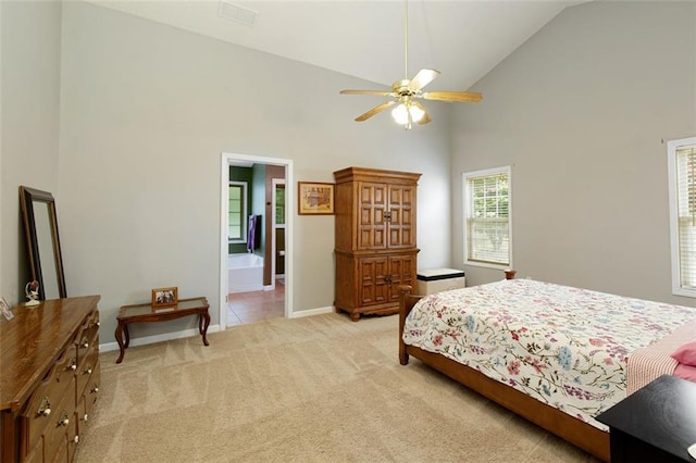 175 Prince Ct, Hiram, GA 30141 - bedroom featuring light carpet, high vaulted ceiling, baseboards, a ceiling fan, and ensuite bath
