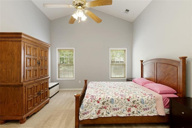 175 Prince Ct, Hiram, GA 30141 - bedroom with light carpet, high vaulted ceiling, baseboards, and ceiling fan