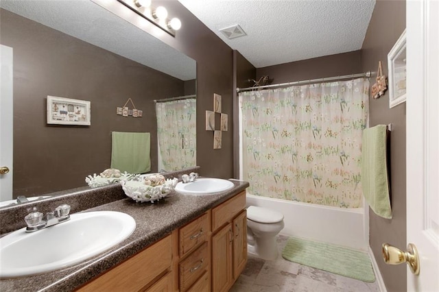 175 Prince Ct, Hiram, GA 30141 - bathroom with toilet, double vanity, shower / bath combo, and a textured ceiling