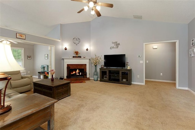175 Prince Ct, Hiram, GA 30141 - carpeted living area with ceiling fan, vaulted ceiling, a fireplace, and baseboards