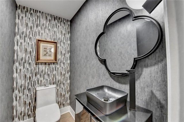 bathroom featuring wood-type flooring and toilet