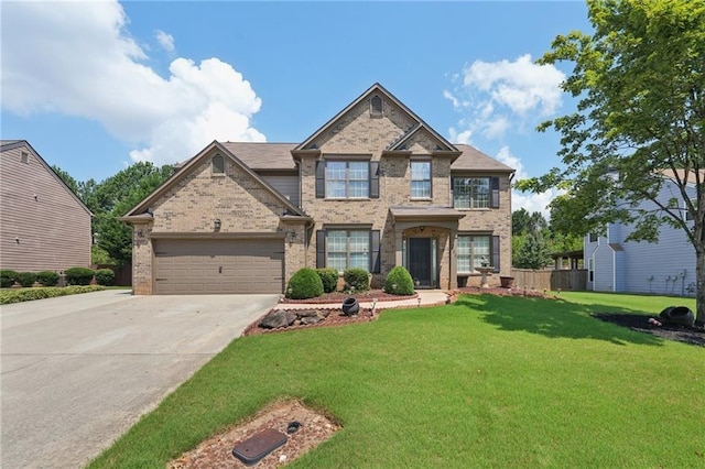 852 Van Briggle Path, Sugar Hill, GA 30518 - view of front facade featuring brick siding, concrete driveway, a front lawn, and an attached garage