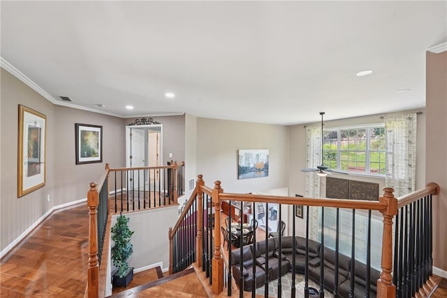 852 Van Briggle Path, Sugar Hill, GA 30518 - stairway with recessed lighting, crown molding, and parquet floors