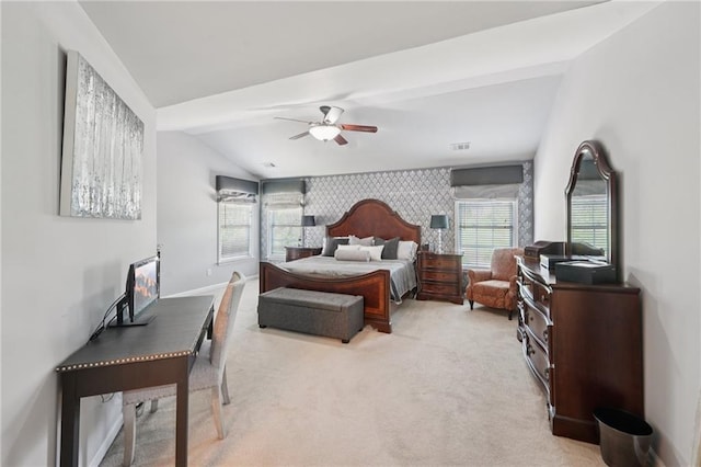 852 Van Briggle Path, Sugar Hill, GA 30518 - bedroom featuring multiple windows, an accent wall, light colored carpet, lofted ceiling, and ceiling fan