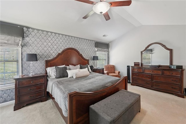 852 Van Briggle Path, Sugar Hill, GA 30518 - bedroom featuring wallpapered walls, light colored carpet, lofted ceiling, and a ceiling fan