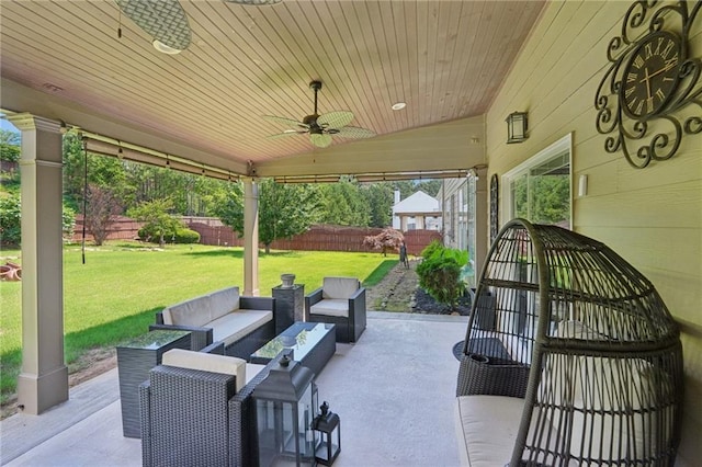 852 Van Briggle Path, Sugar Hill, GA 30518 - fenced backyard with an outdoor living space, ceiling fan, and a patio