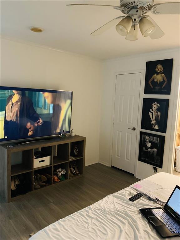 bedroom with dark hardwood / wood-style floors and ceiling fan