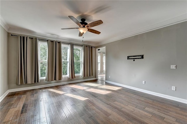 4770 Spring Park Cir, Suwanee, GA 30024 - unfurnished room featuring ceiling fan, ornamental molding, and dark wood-style flooring