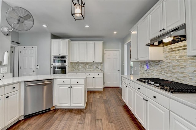 4770 Spring Park Cir, Suwanee, GA 30024 - kitchen featuring appliances with stainless steel finishes, under cabinet range hood, light countertops, tasteful backsplash, and white cabinetry