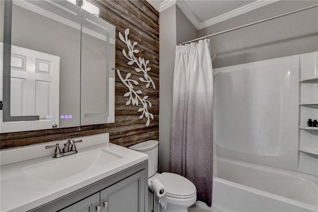 4770 Spring Park Cir, Suwanee, GA 30024 - full bathroom featuring crown molding, vanity, shower / bathtub combination with curtain, and wood walls