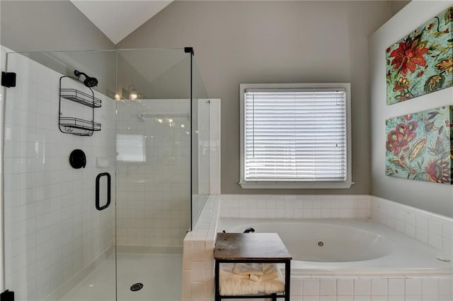 4770 Spring Park Cir, Suwanee, GA 30024 - full bath featuring a tub with jets, a stall shower, and lofted ceiling
