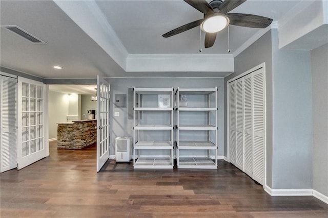 4770 Spring Park Cir, Suwanee, GA 30024 - unfurnished bedroom featuring french doors, ornamental molding, wood finished floors, a closet, and recessed lighting