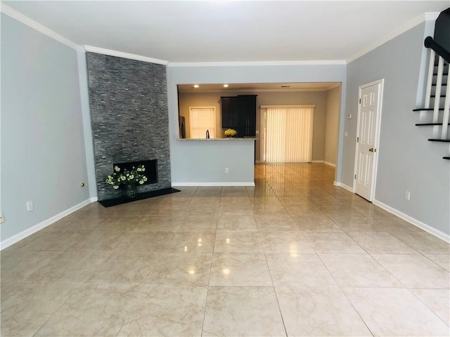 4645 Valais Ct Unit 10, Johns Creek, GA 30022 - unfurnished living room with stairs, ornamental molding, and a fireplace