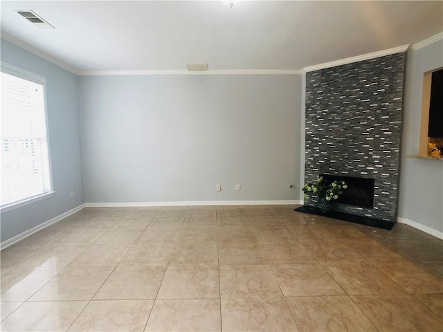 4645 Valais Ct Unit 10, Johns Creek, GA 30022 - unfurnished living room with ornamental molding, a tile fireplace, and tile patterned floors