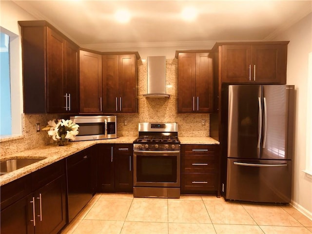 4645 Valais Ct Unit 10, Johns Creek, GA 30022 - kitchen featuring stainless steel appliances, wall chimney range hood, ornamental molding, tasteful backsplash, and light stone countertops