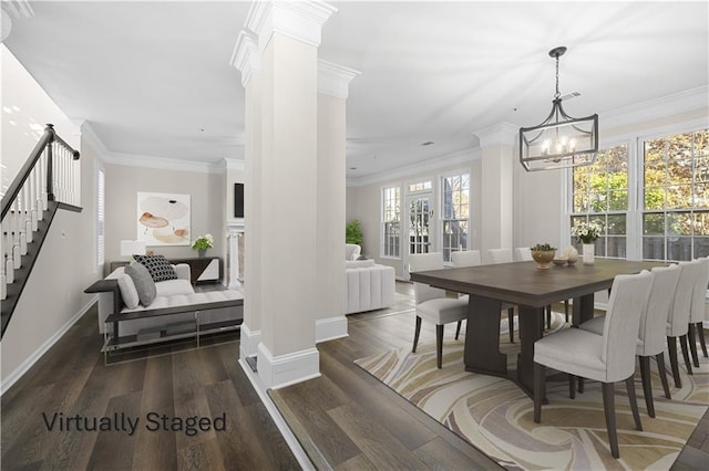 dining space featuring stairs, baseboards, an inviting chandelier, and wood finished floors