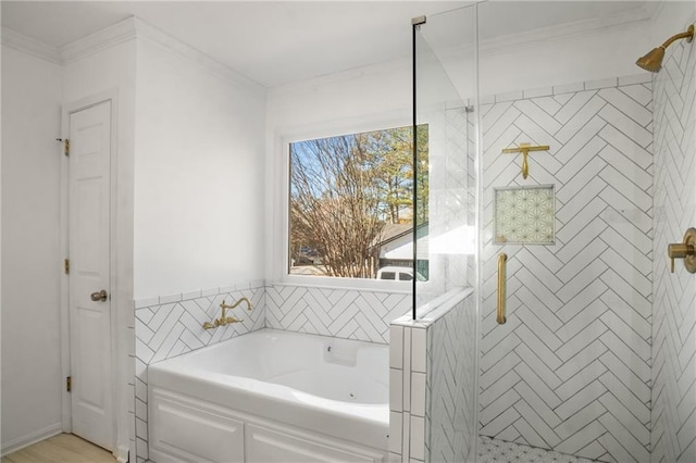 bathroom with ornamental molding and plus walk in shower