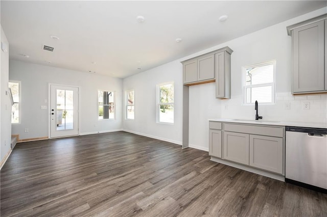 1005 Sims Ave NW, Atlanta, GA 30318 - kitchen featuring visible vents, dishwasher, a sink, gray cabinetry, and a wealth of natural light