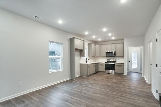 1005 Sims Ave NW, Atlanta, GA 30318 - kitchen featuring a sink, stainless steel appliances, gray cabinetry, and wood finished floors