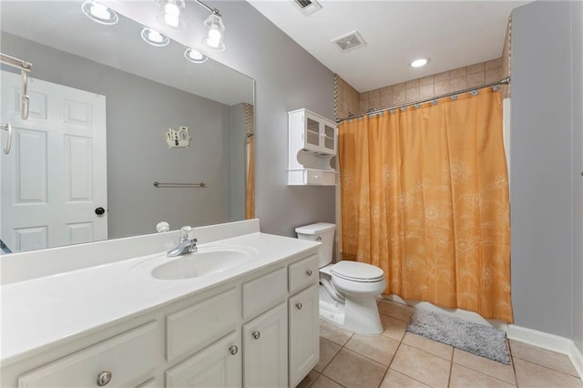 full bathroom with visible vents, tile patterned floors, vanity, toilet, and a shower with shower curtain