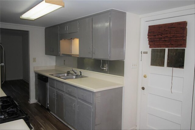 2054 E Roxboro Rd NE, Atlanta, GA 30324 - kitchen with light countertops, gray cabinets, a sink, dark wood-style floors, and dishwasher