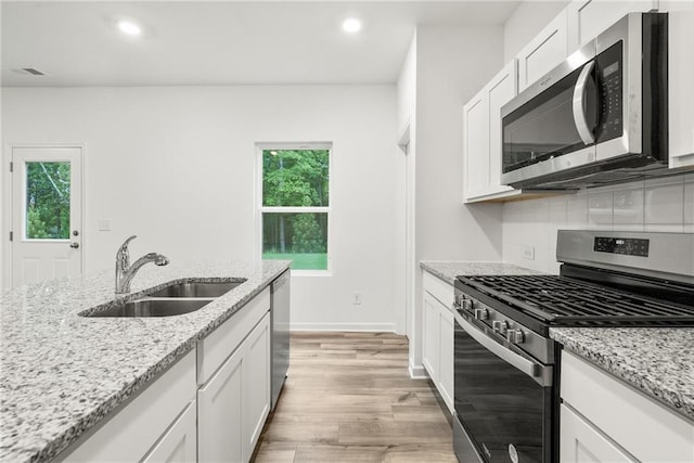 kitchen with appliances with stainless steel finishes, sink, white cabinets, backsplash, and light stone countertops