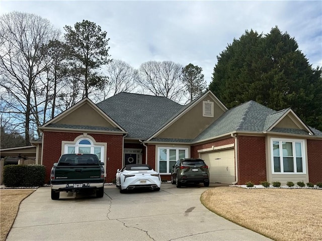 view of front of home featuring brick siding, driveway, a shingled roof, and a garage