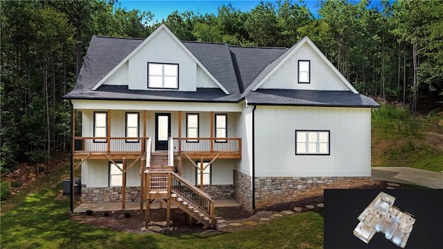 113 Cherokee Estates Dr, Cedartown, GA 30125 - view of front of property with stairs, roof with shingles, stone siding, a porch, and a front yard