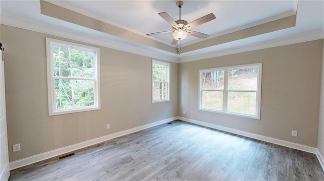 113 Cherokee Estates Dr, Cedartown, GA 30125 - unfurnished room with a tray ceiling, healthy amount of natural light, ornamental molding, wood finished floors, and ceiling fan