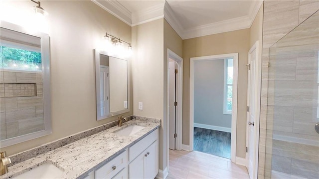 113 Cherokee Estates Dr, Cedartown, GA 30125 - full bath with double vanity, ornamental molding, and a tile shower