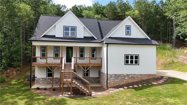 113 Cherokee Estates Dr, Cedartown, GA 30125 - view of front of home featuring stairway, a shingled roof, a front yard, covered porch, and a patio