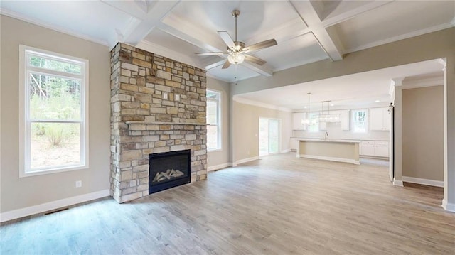 113 Cherokee Estates Dr, Cedartown, GA 30125 - unfurnished living room with coffered ceiling, a ceiling fan, a fireplace, light wood-style floors, and beam ceiling