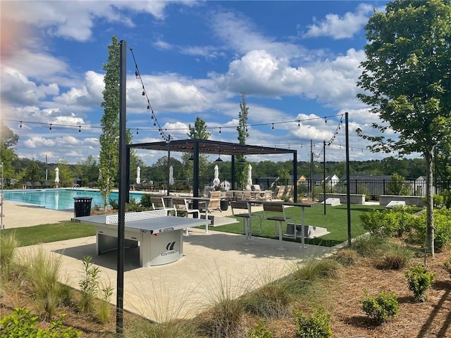 view of community with a pool and fence