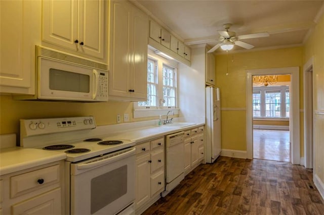 kitchen with white appliances, ceiling fan, crown molding, dark hardwood / wood-style flooring, and sink