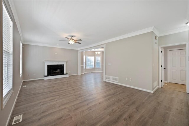274 Sleepy Hollow Rd, Powder Springs, GA 30127 - unfurnished living room with visible vents, a ceiling fan, and wood finished floors