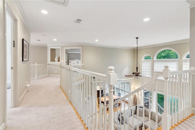 6795 Preston Glen Dr, Alpharetta, GA 30005 - hallway featuring an upstairs landing, recessed lighting, ornamental molding, carpet flooring, and baseboards