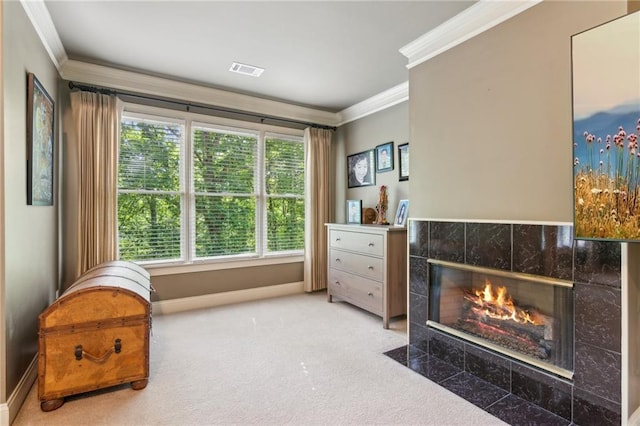 6795 Preston Glen Dr, Alpharetta, GA 30005 - living area with crown molding, a fireplace, carpet flooring, and baseboards