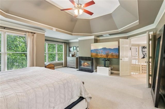 6795 Preston Glen Dr, Alpharetta, GA 30005 - carpeted bedroom with crown molding, a tiled fireplace, and a raised ceiling