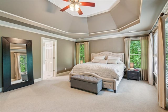 6795 Preston Glen Dr, Alpharetta, GA 30005 - bedroom with carpet, a tray ceiling, crown molding, ceiling fan, and baseboards