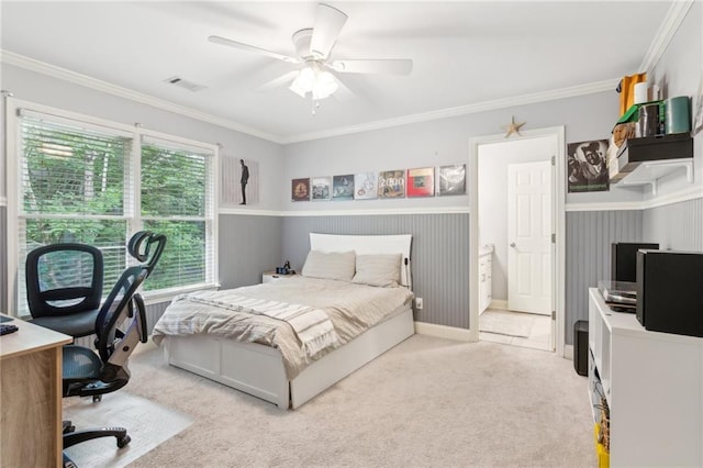 6795 Preston Glen Dr, Alpharetta, GA 30005 - bedroom featuring light carpet, crown molding, a desk, and ceiling fan