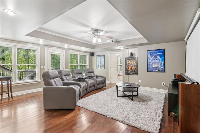 6795 Preston Glen Dr, Alpharetta, GA 30005 - living area with a raised ceiling, baseboards, a ceiling fan, plenty of natural light, and ornamental molding