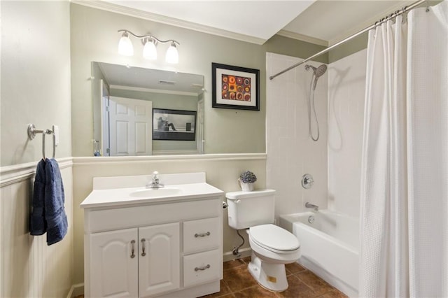 6795 Preston Glen Dr, Alpharetta, GA 30005 - bathroom featuring crown molding, vanity, tile patterned flooring, shower / tub combo with curtain, and toilet