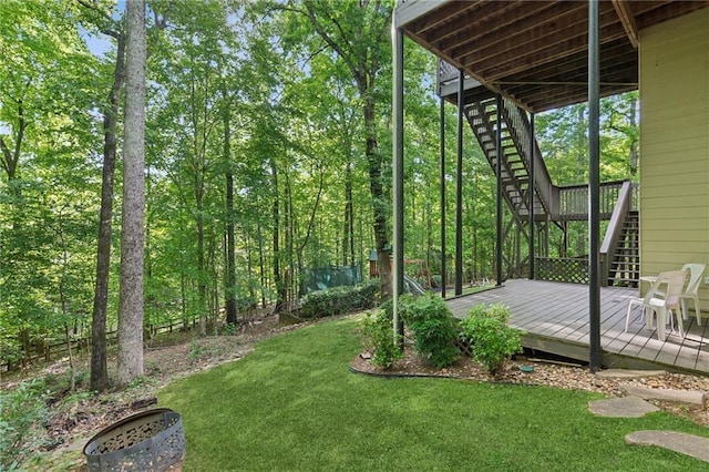 6795 Preston Glen Dr, Alpharetta, GA 30005 - view of grassy yard with stairway and a wooden deck