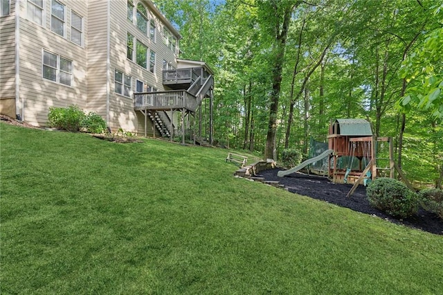 6795 Preston Glen Dr, Alpharetta, GA 30005 - view of green lawn featuring a playground, stairway, and a wooden deck
