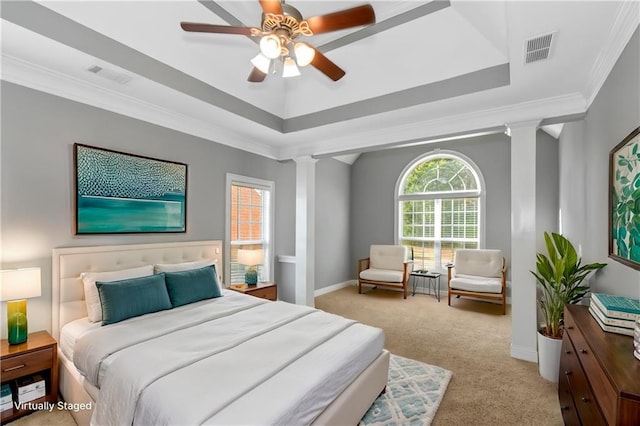 1027 Eagles Brooke Dr, Locust Grove, GA 30248 - bedroom featuring light carpet, decorative columns, visible vents, and a raised ceiling