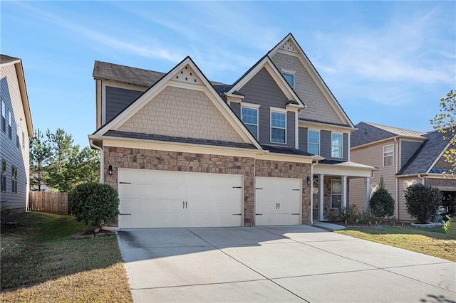 craftsman-style house featuring a front lawn and a garage