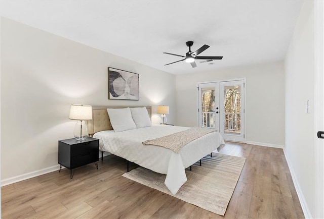 bedroom featuring french doors, ceiling fan, access to outside, and light wood-type flooring