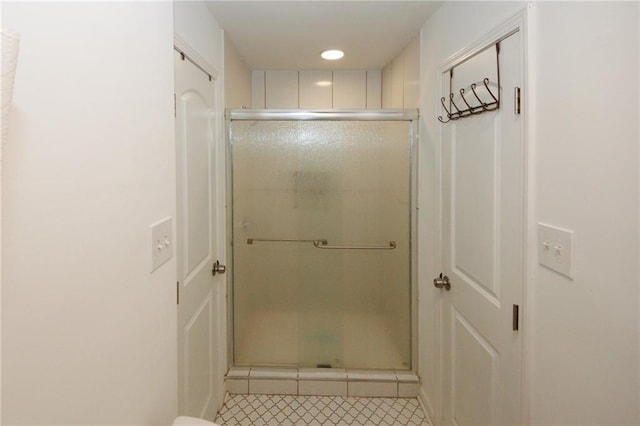 bathroom featuring a shower with door