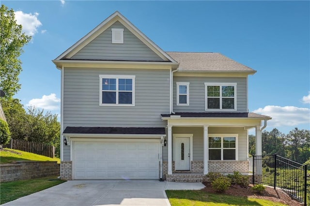 2646 Neighborhood Walk S, Villa Rica, GA 30180 - view of front facade featuring brick siding, fence, an attached garage, concrete driveway, and a porch